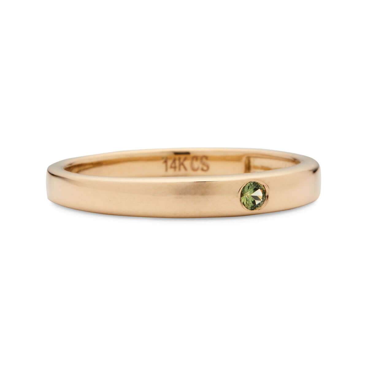 A front-facing view of the gold signet ring, focusing on the bezel-set Australian sapphire and the hallmark inside the band.