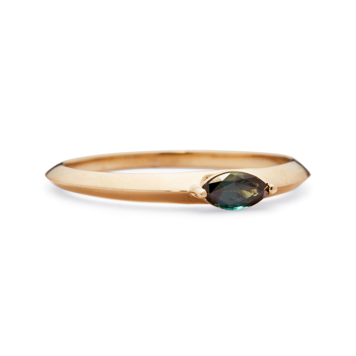 Ring slightly tilted, highlighting the marquise cut of the Australian Sapphire and the curvature of the 14K yellow gold band.