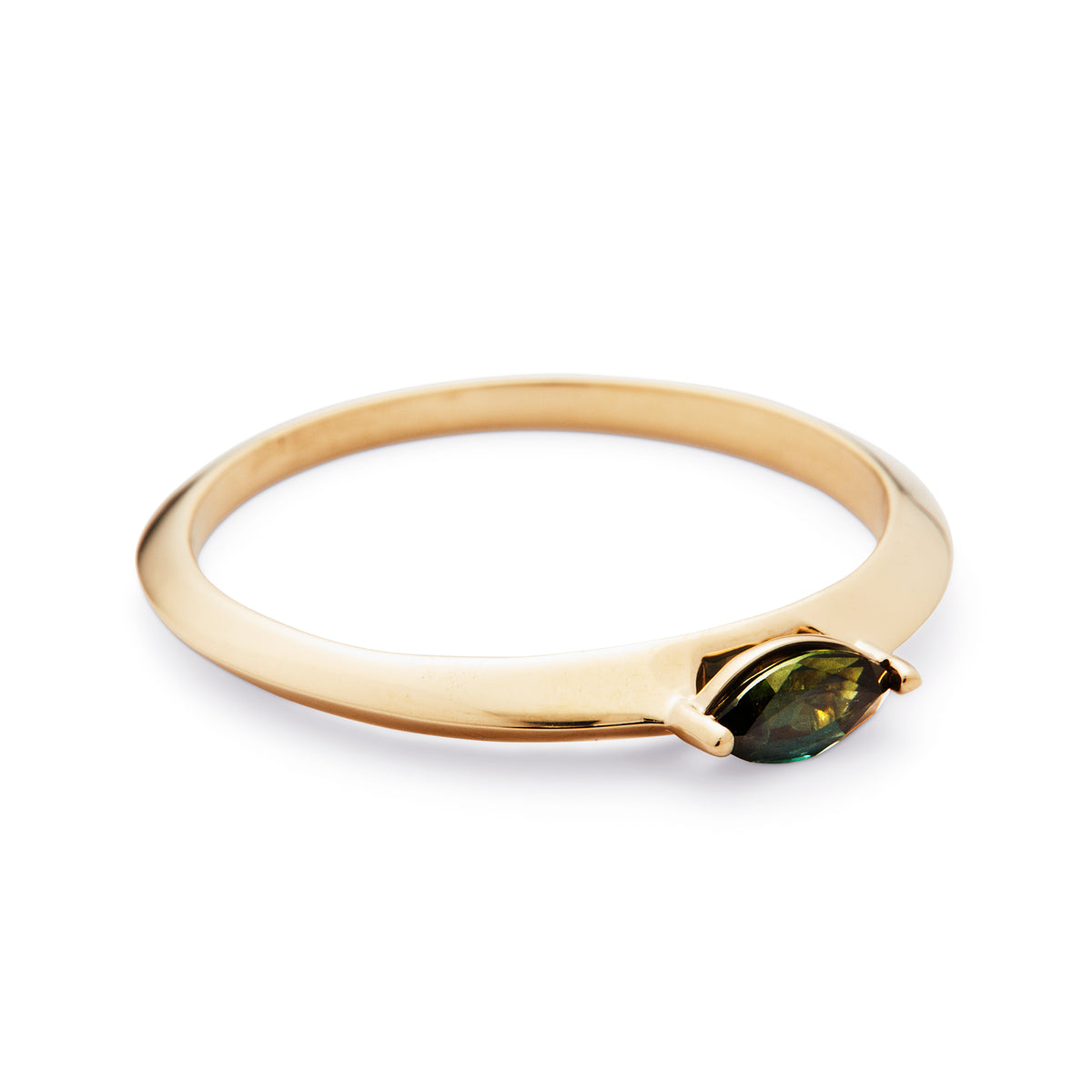 Flora ring from a side angle, showcasing a gold yellow band with a green Australian Sapphire.