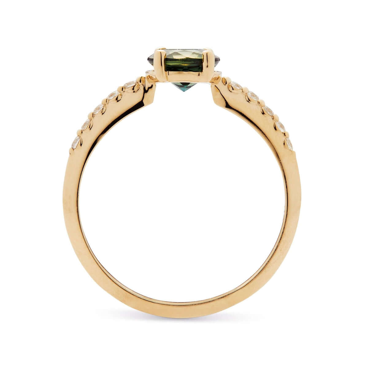 A close side view of a yellow gold ring with a bi-color Australian sapphire at its heart, flanked by a straight line of diamonds.