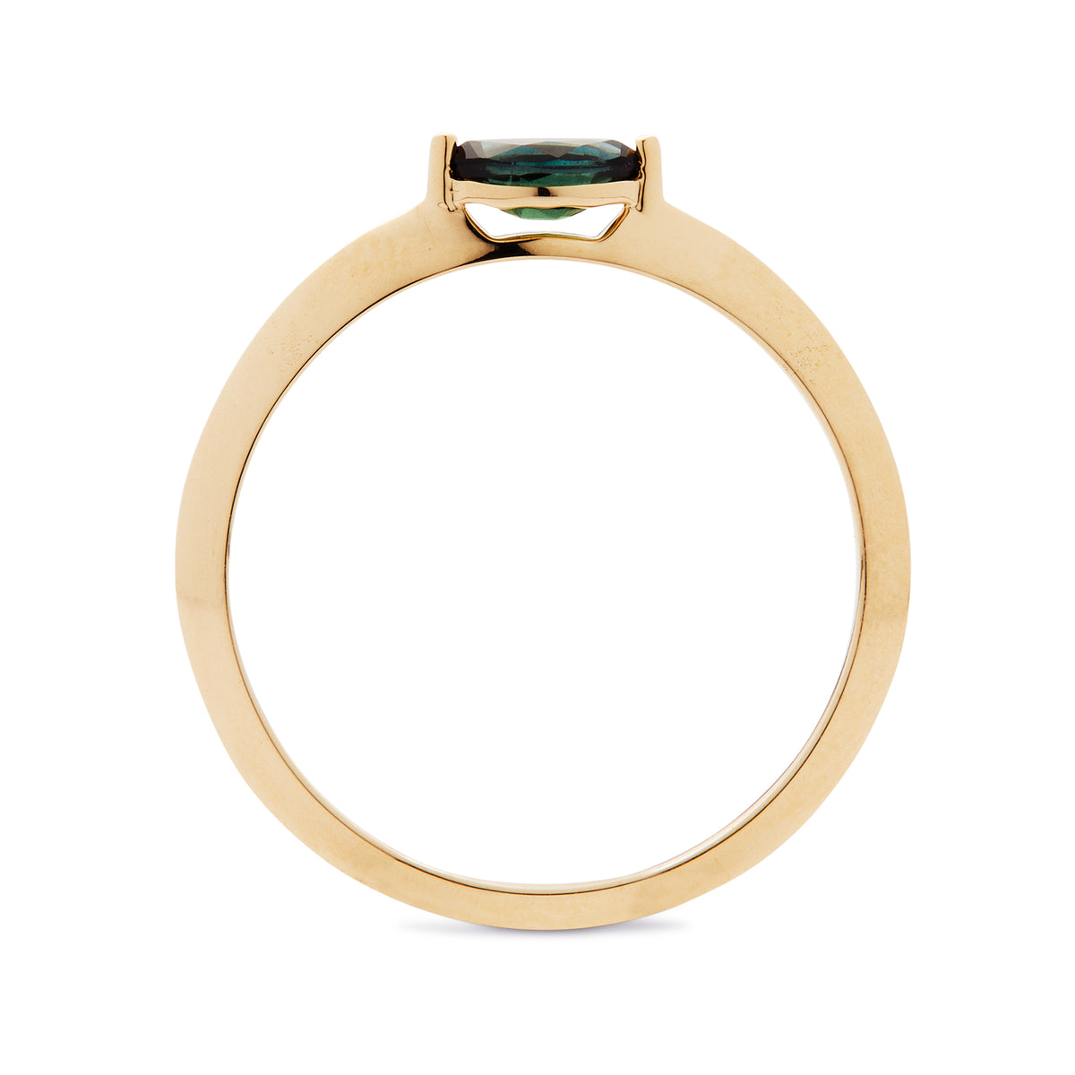 Flora Ring from a side angle, showcasing a polished 14K yellow gold band with a marquise Australian Sapphire.