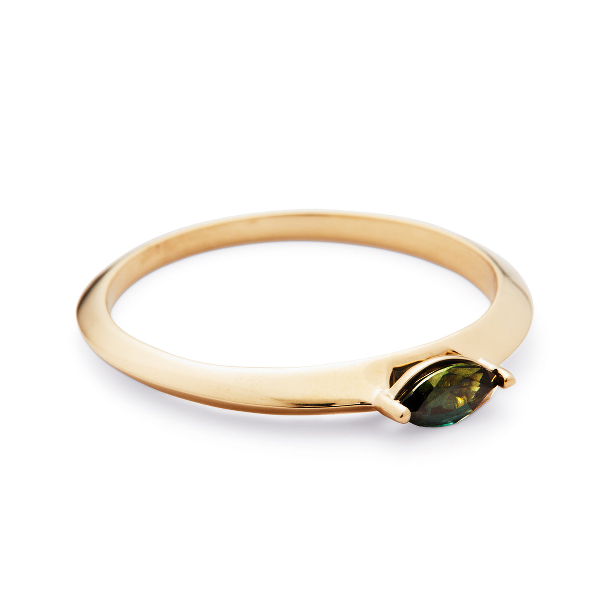 Flora ring from a side angle, showcasing a gold yellow band with a green Australian Sapphire. 