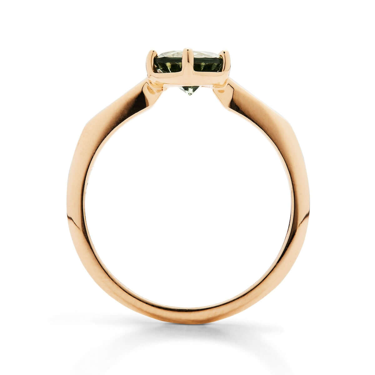Side view of a yellow gold ring with a round green Australian sapphire.
